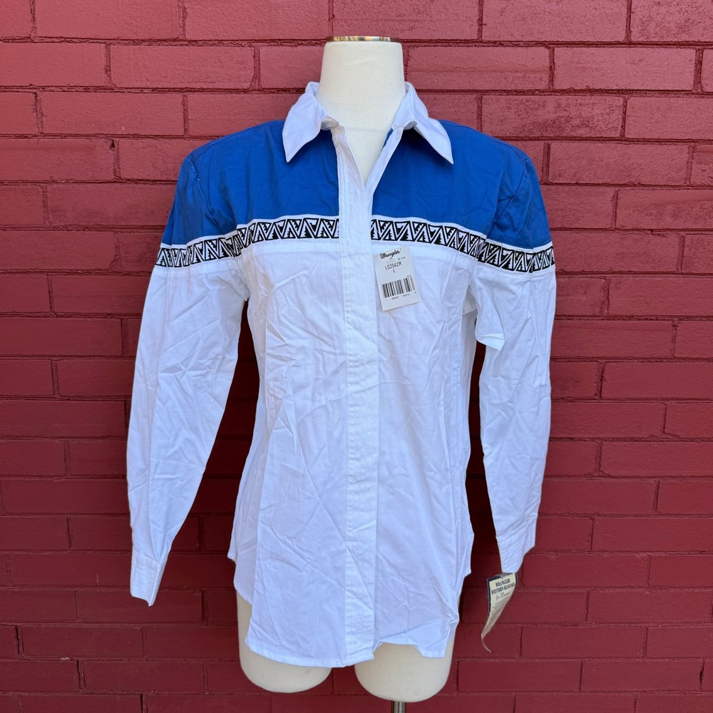 Vtg 80s NWT‎ Wrangler Western Wear Shirt Rodeo Blue Geometric Print Womens Large